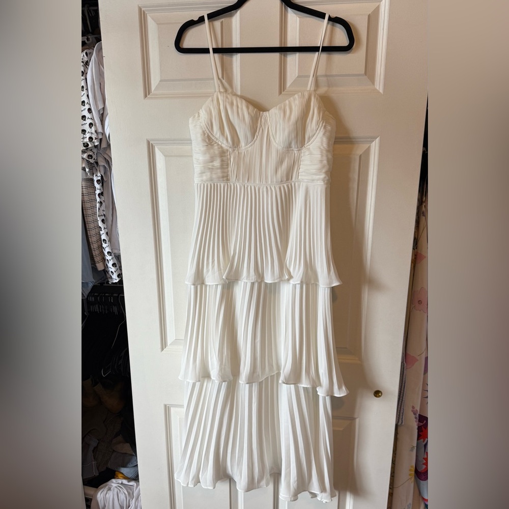 Cascading Crush White Tiered Bustier Midi Dress